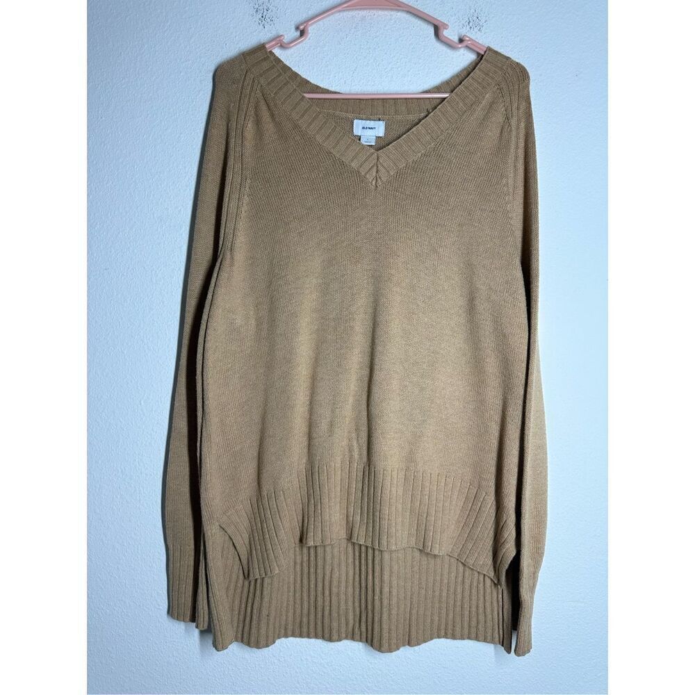 Old Navy Womens Cotton Blend Sweater Tan Long Sleeve V Neck Knit Sz L See Notes